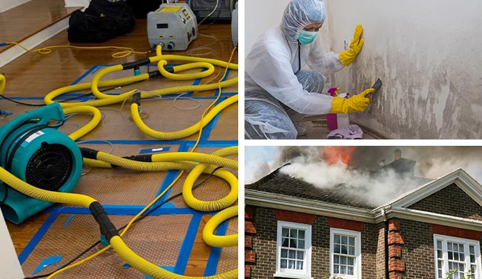 Collage of water damage restoration, mold remediation and fire damage restoration service