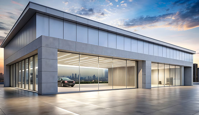 Durable Exterior Building Finishes A modern commercial building with a clean grey exterior finish