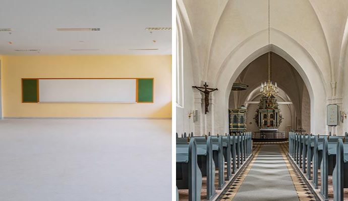 a Collage of Painted school interior and church