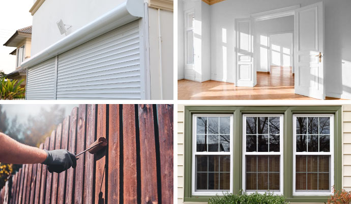 Collage of painted shutter, Fence, door and window