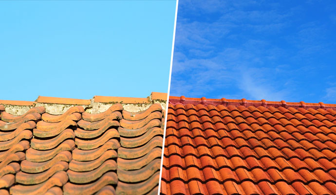 A faded roof and a newly painted roof