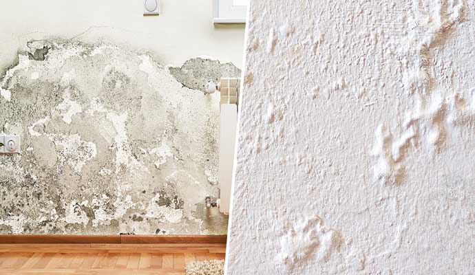 Collage of bubbling paint and mold on the wall