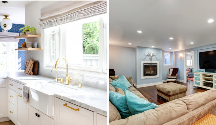 a collage of painted kitchen and living room