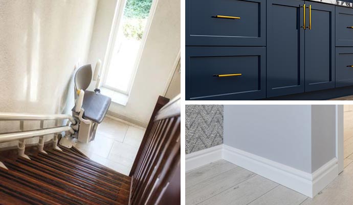 Collage of painted stair rails, Baseboard and Cabinet