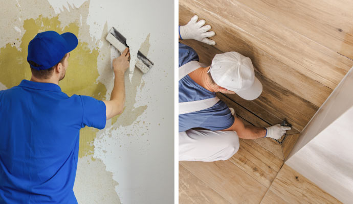 collage of wallpaper removing and sealing wooden surfaces