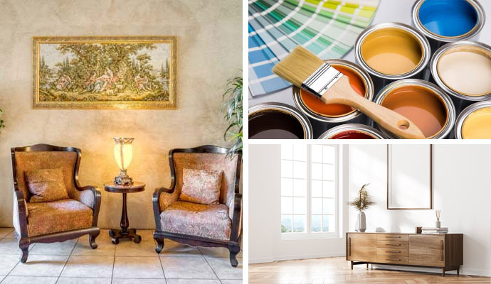 A collage showcasing painted interiors and different paints